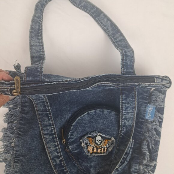 YAALI Denim Distressed Frayed Shoulder Tote Bag - Picture 11 of 16
